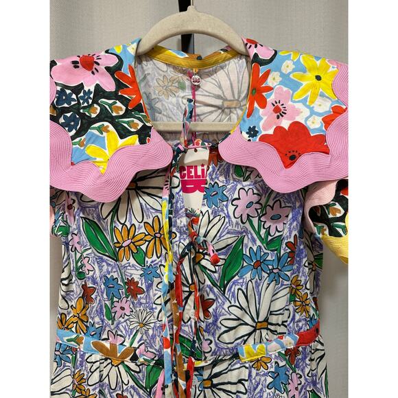 Celia B Olav Floral Scalloped Midi Dress Size XS NWT Rick Rack Trim Pockets - Picture 3 of 16
